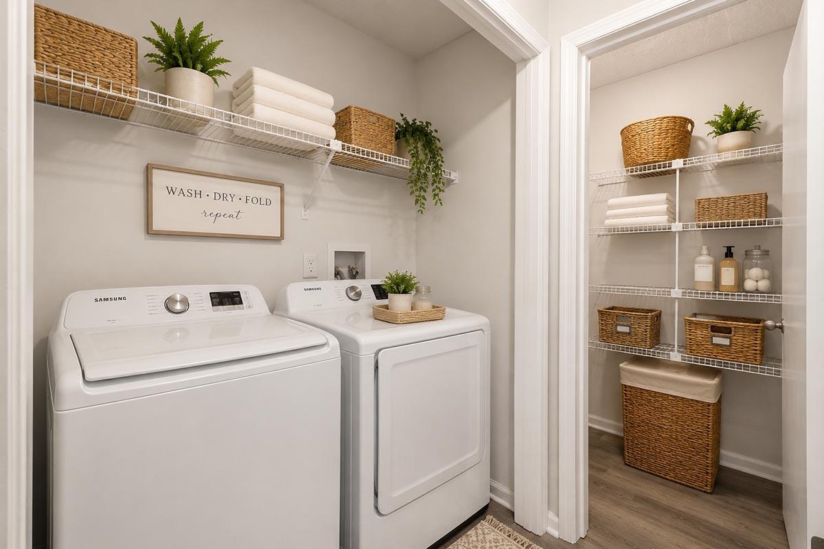 A stylish laundry room featuring a washing machine and dryer side by side, with neatly arranged shelves. The shelves hold wicker baskets and neatly folded towels. A wall art piece reads "WASH • DRY • FOLD • REPEAT." The space has a clean and organized look, with light-colored walls and wooden flooring.