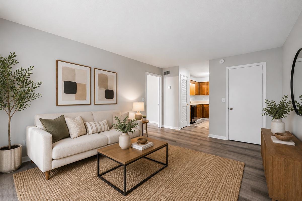 A modern living room featuring a light-colored couch adorned with pillows, a wooden coffee table, and a textured area rug. Decorative plants and wall art with abstract designs are displayed, enhancing the cozy atmosphere. A doorway leads to a kitchen with wooden cabinets, visible through an open entryway.