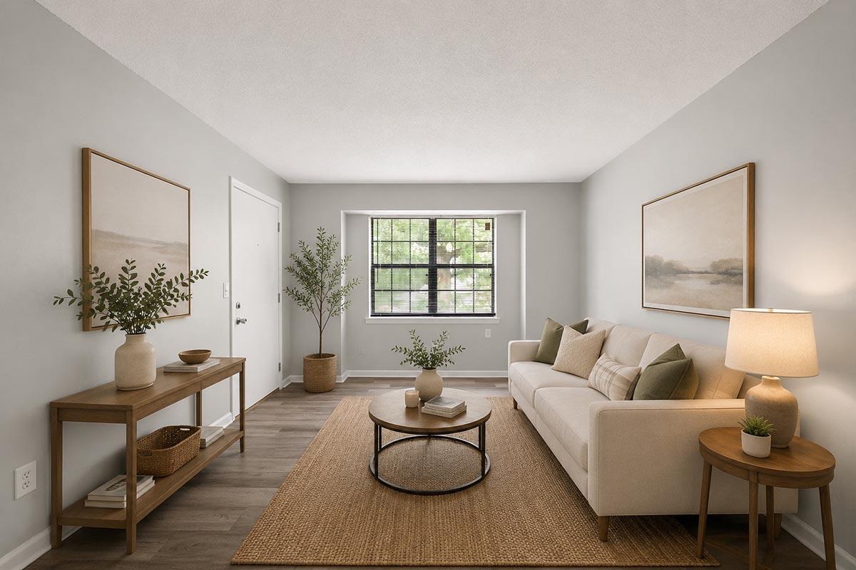 A cozy living room featuring a light gray color scheme. There's a comfortable beige sofa with green cushions, a round area rug on the floor, and a small wooden coffee table. A lamp provides soft lighting, and there are potted plants and framed artwork on the walls, creating a welcoming atmosphere.