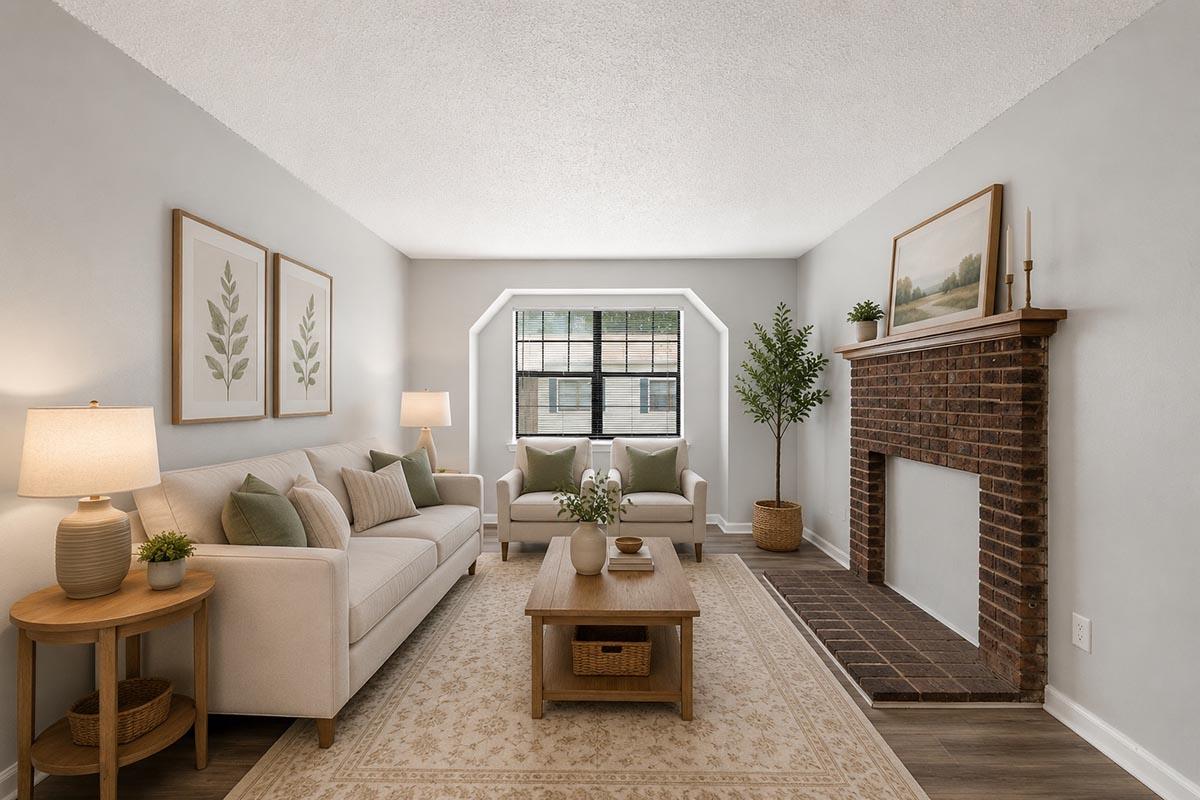A cozy living room featuring a light-colored sofa with green and beige pillows, two framed botanical prints on the wall, a wooden coffee table with a decorative vase, and a brick fireplace. Natural light comes through a window, and a potted plant adds a touch of greenery to the space.