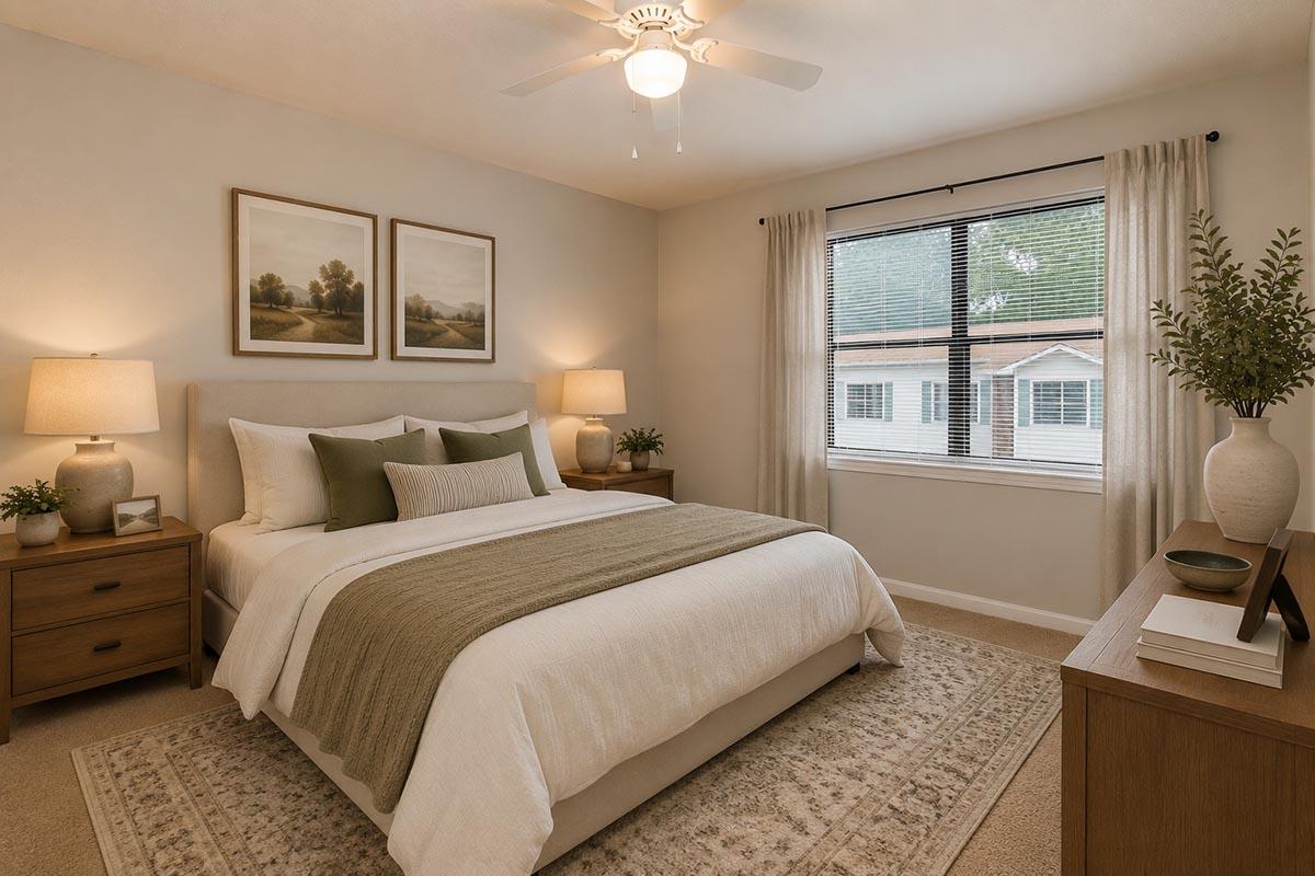 A cozy bedroom featuring a large bed with a beige and green comforter. Two decorative pillows are placed on the bed. The room has a light color palette, wooden bedside tables with lamps, and framed artwork on the wall. A window allows natural light to illuminate the space, alongside a decorative plant on a dresser.