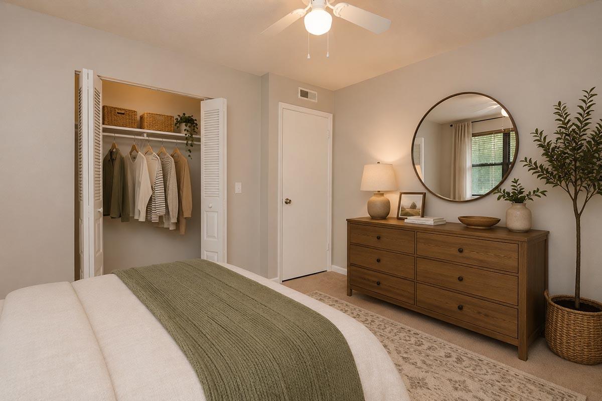 A cozy bedroom featuring a light-colored wall, a neatly made bed with a green throw blanket, a wooden dresser, and a round mirror. A closet with hanging clothes is open on one side, and a small tree adds a touch of greenery. Soft, natural light filters in through a window, creating a warm atmosphere.