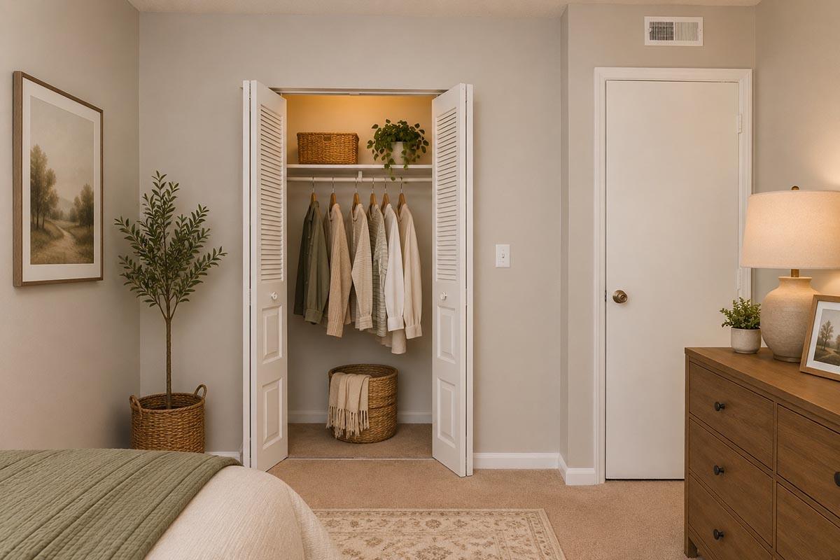 A cozy bedroom corner featuring a closet with neatly hung clothes, a plush beige carpet, and a decorative lamp on a wooden dresser. There's a decorative plant in a basket, a round wicker storage container, and a wall art piece depicting nature. The room has soft, neutral tones creating a calming atmosphere.