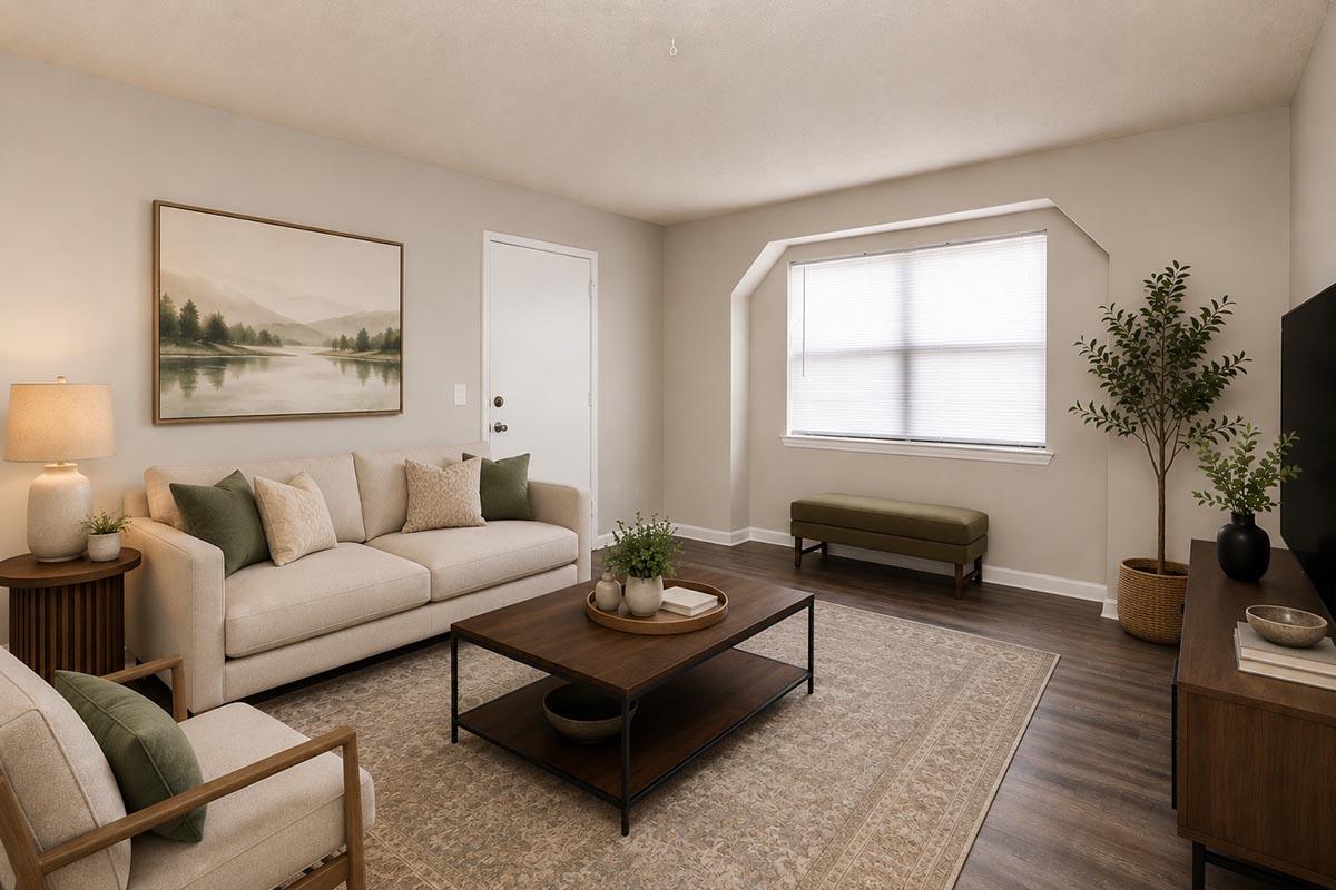A cozy living room featuring a light-colored sofa with decorative pillows, a wooden coffee table on a textured area rug, and a potted plant. There is a painting of a serene landscape on the wall, a small bench by the window, and a TV unit with minimal decor. Natural light filters in through the window.