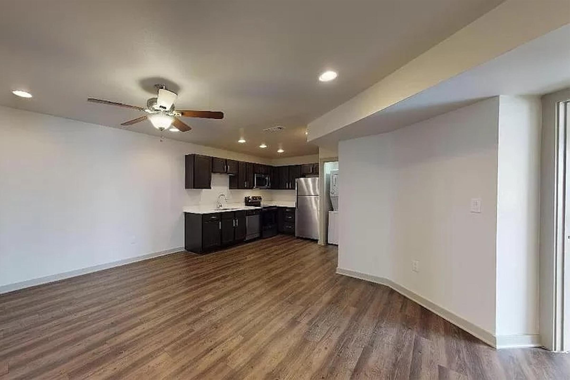 Spacious modern apartment interior featuring a kitchen with dark cabinetry and stainless steel appliances, a ceiling fan, and wooden flooring. The open layout includes ample natural light from windows, creating a welcoming living space.
