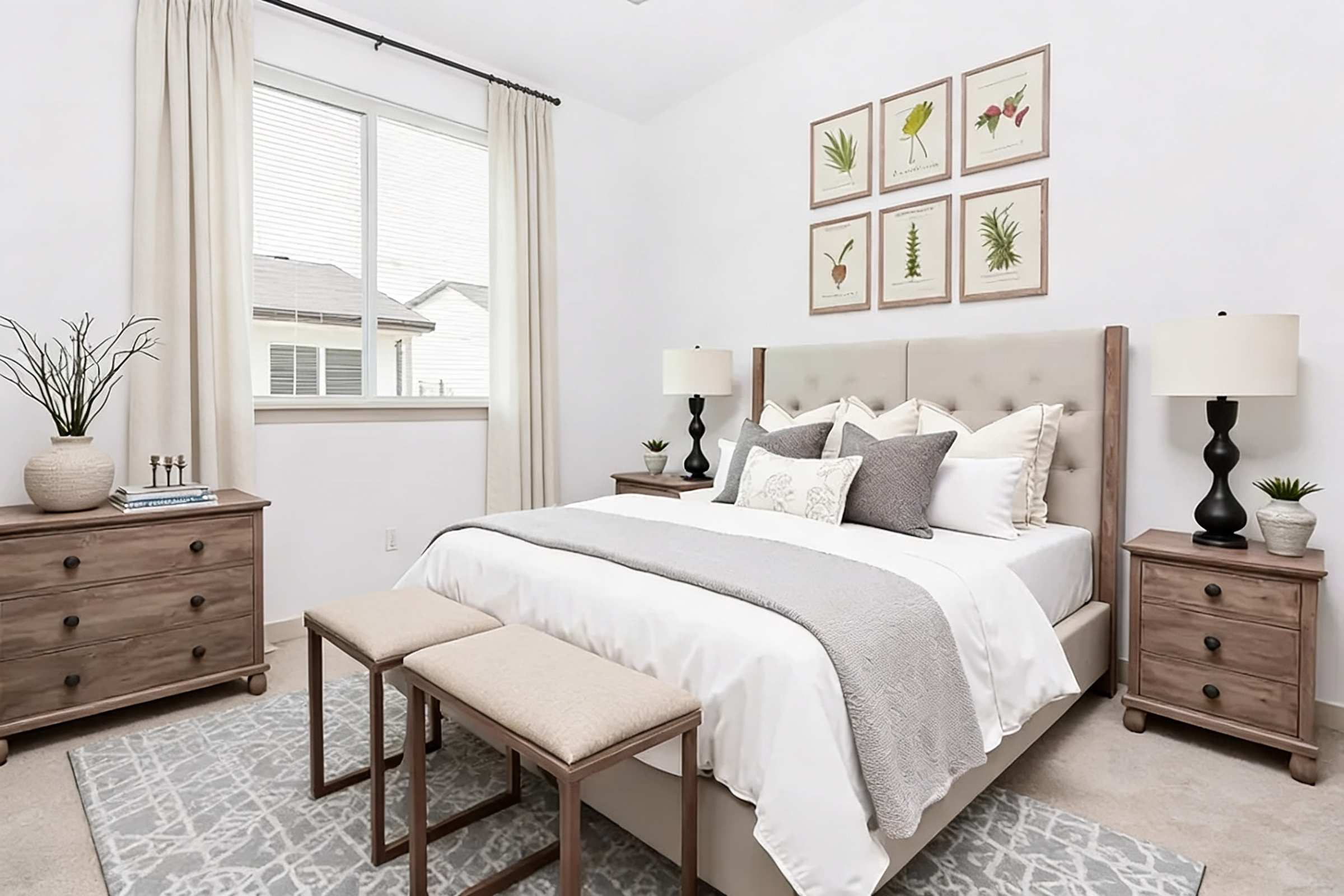 Empty room with light beige carpet and white walls. A large window with thin blinds allows natural light to enter the space. There are no furnishings or decorations, creating a minimalistic and clean atmosphere. The room has a neutral color scheme and a small vent on the floor.