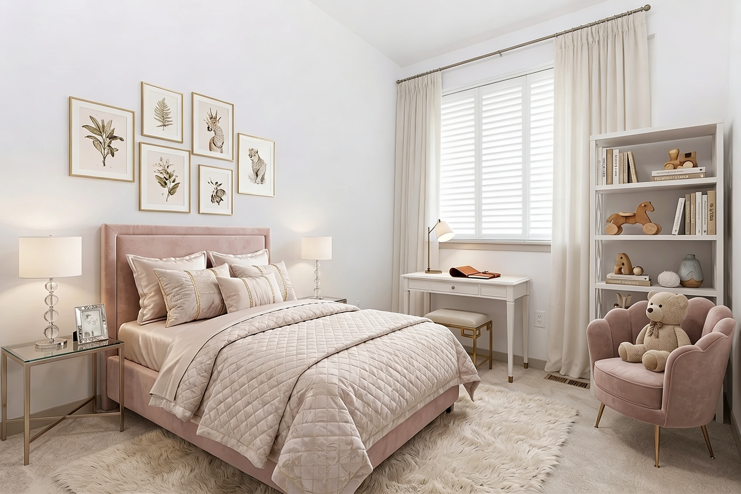 A cozy, elegantly designed bedroom featuring a soft pink bed with decorative pillows, a white desk, a pink armchair, and a bookshelf. The walls are adorned with framed botanical artwork, and soft lighting from bedside lamps creates a warm atmosphere. Plush carpeting adds to the room's comfort.