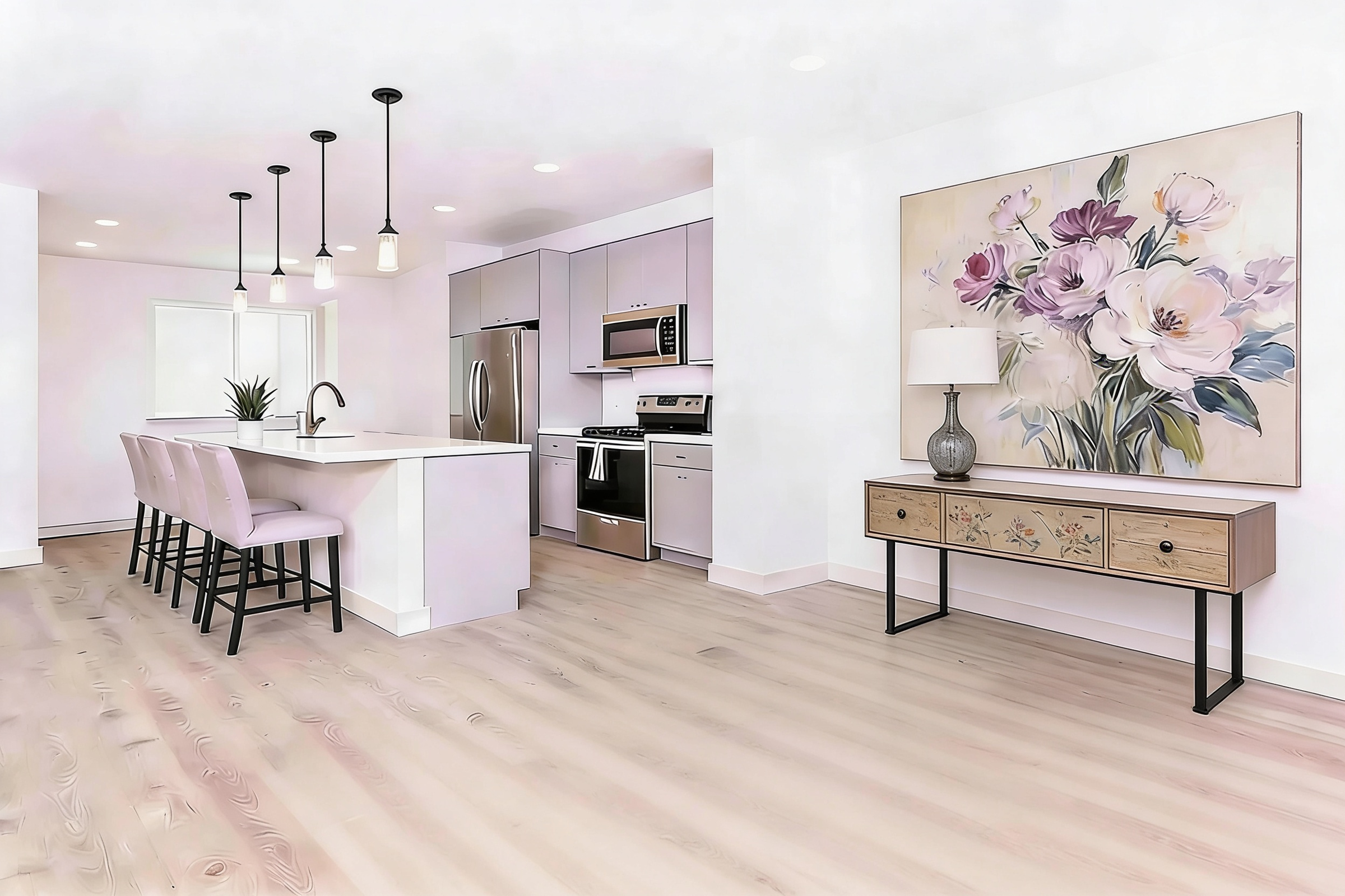 Modern kitchen and dining area featuring a large island with bar stools, stainless steel appliances, and a decorative flower painting on the wall. A console table with floral accents is positioned next to the kitchen, enhancing the contemporary design. The floor is light-colored wood, contributing to an airy ambiance.