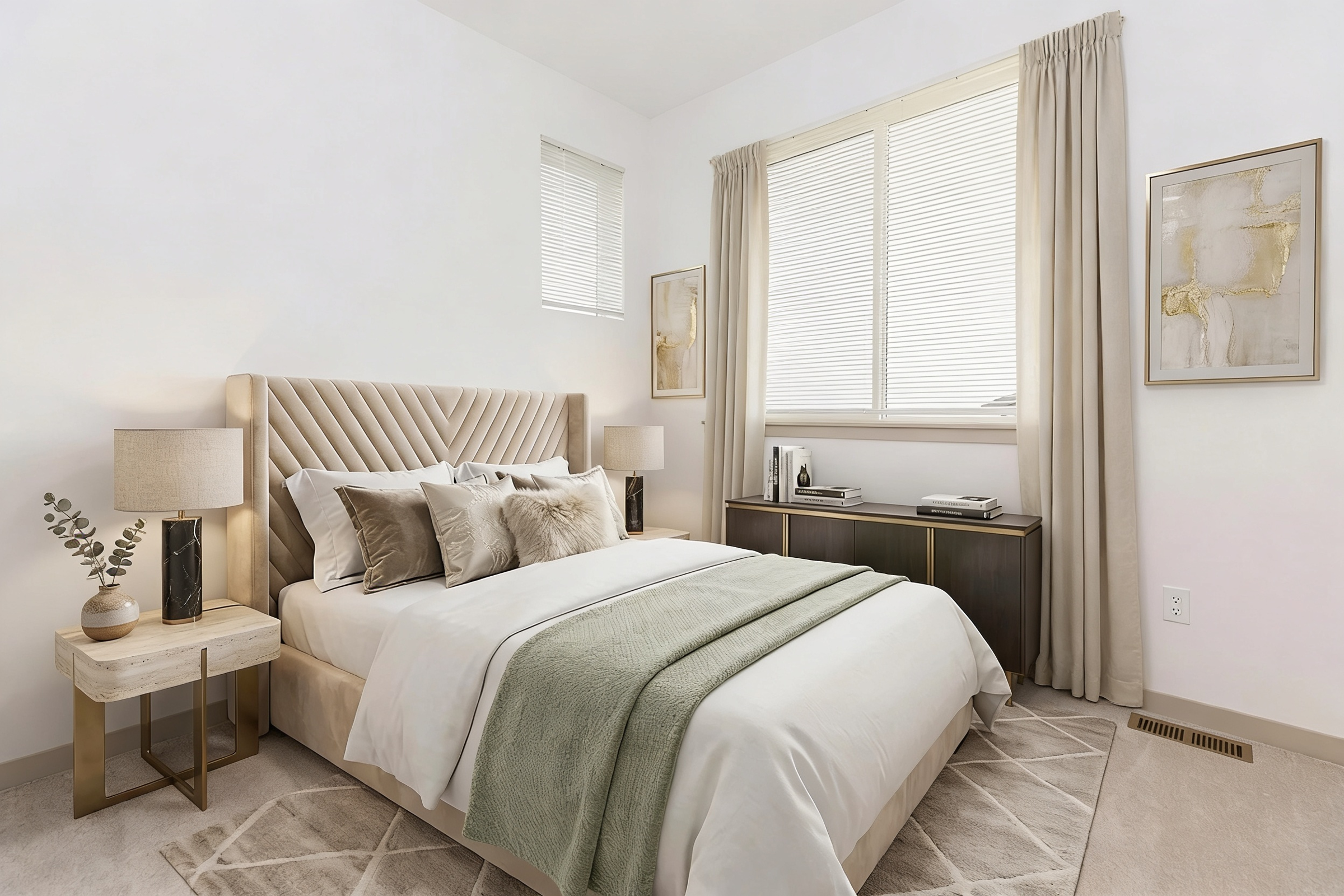 A modern bedroom featuring a beige upholstered bed with decorative pillows, a light green throw blanket, two stylish nightstands with lamps, and a window dressed with light curtains. A small desk with a printer and artwork adorn the walls, creating a cozy and inviting atmosphere.