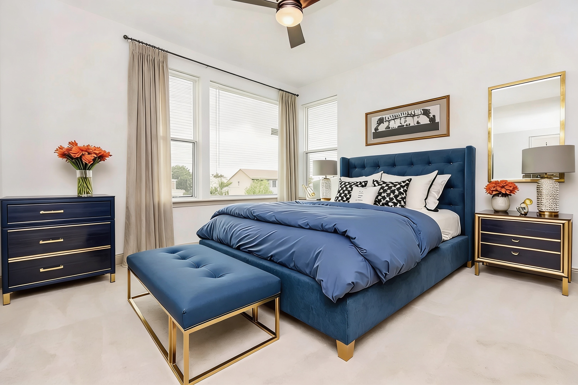 A modern bedroom featuring a blue upholstered bed with a matching ottoman, crisp white linens, and decorative black and white pillows. There’s a stylish navy dresser, a vase of orange flowers, and a mirror with a gold frame. Bright natural light streams through large windows adorned with light curtains.