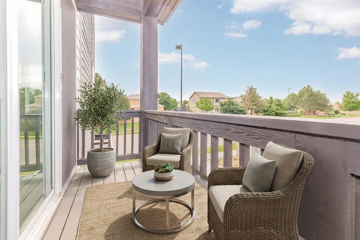 A cozy balcony scene featuring two wicker chairs with beige cushions, a round coffee table, and a potted plant. The balcony is surrounded by wooden railings, and there's a clear sky and houses visible in the background, creating a warm and inviting atmosphere.