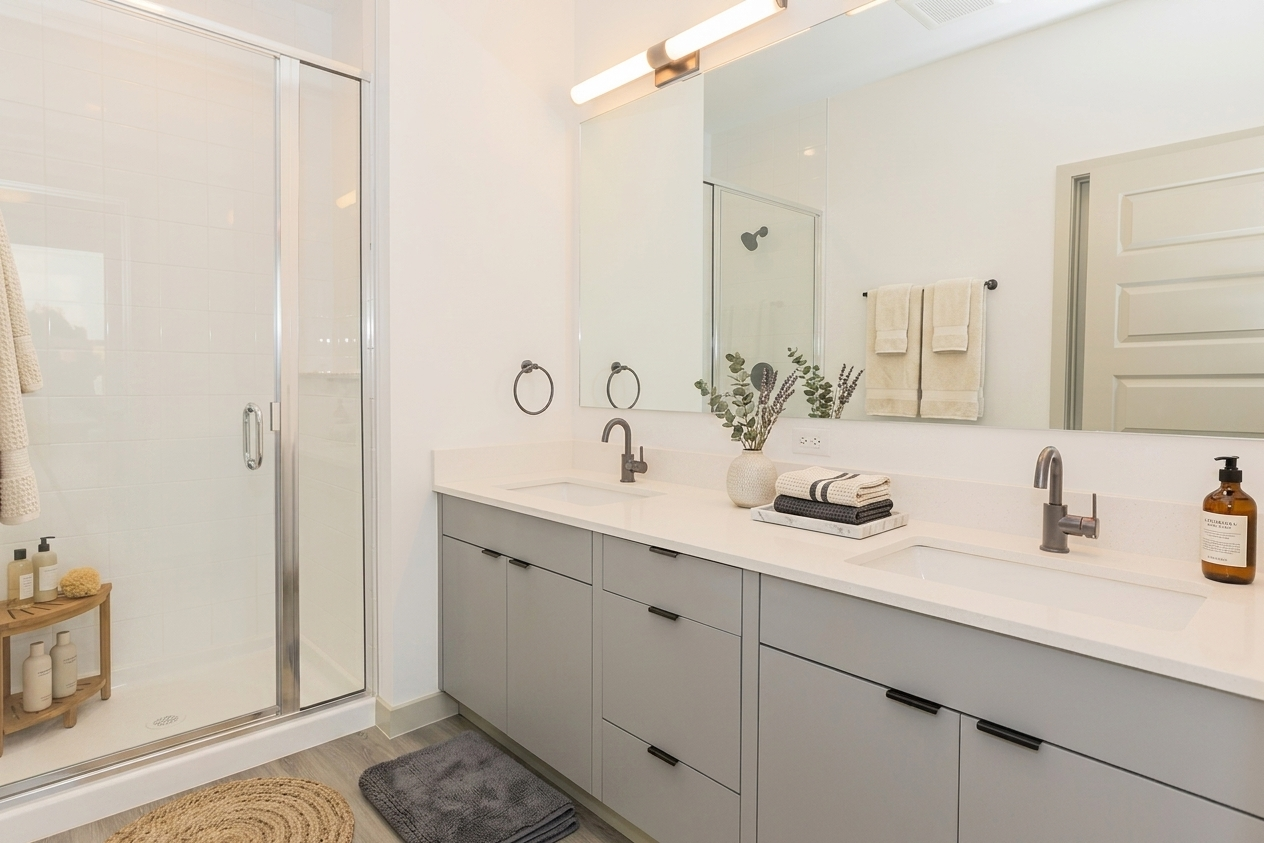 A modern bathroom featuring a stylish shower enclosure, dual sinks with sleek faucets, and a light color scheme. There are neatly arranged towels, decorative plants, and toiletries displayed on the countertop. The cabinetry is gray, complementing the overall bright and clean aesthetic of the space.