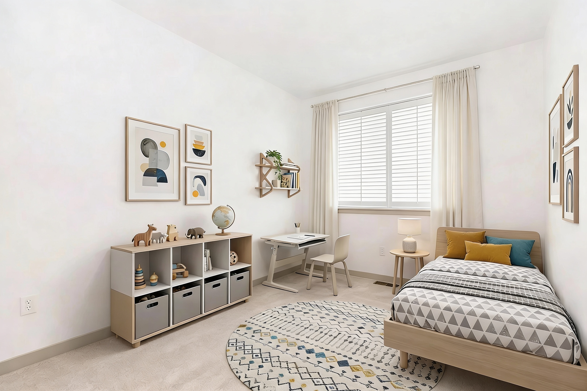 A cozy children's bedroom featuring a single bed with grey and yellow bedding, a desk with a chair, and a small bookshelf. The room has light walls adorned with framed artwork, a globe, and decorative toys. Natural light filters through a window with white blinds, creating a bright and inviting atmosphere.