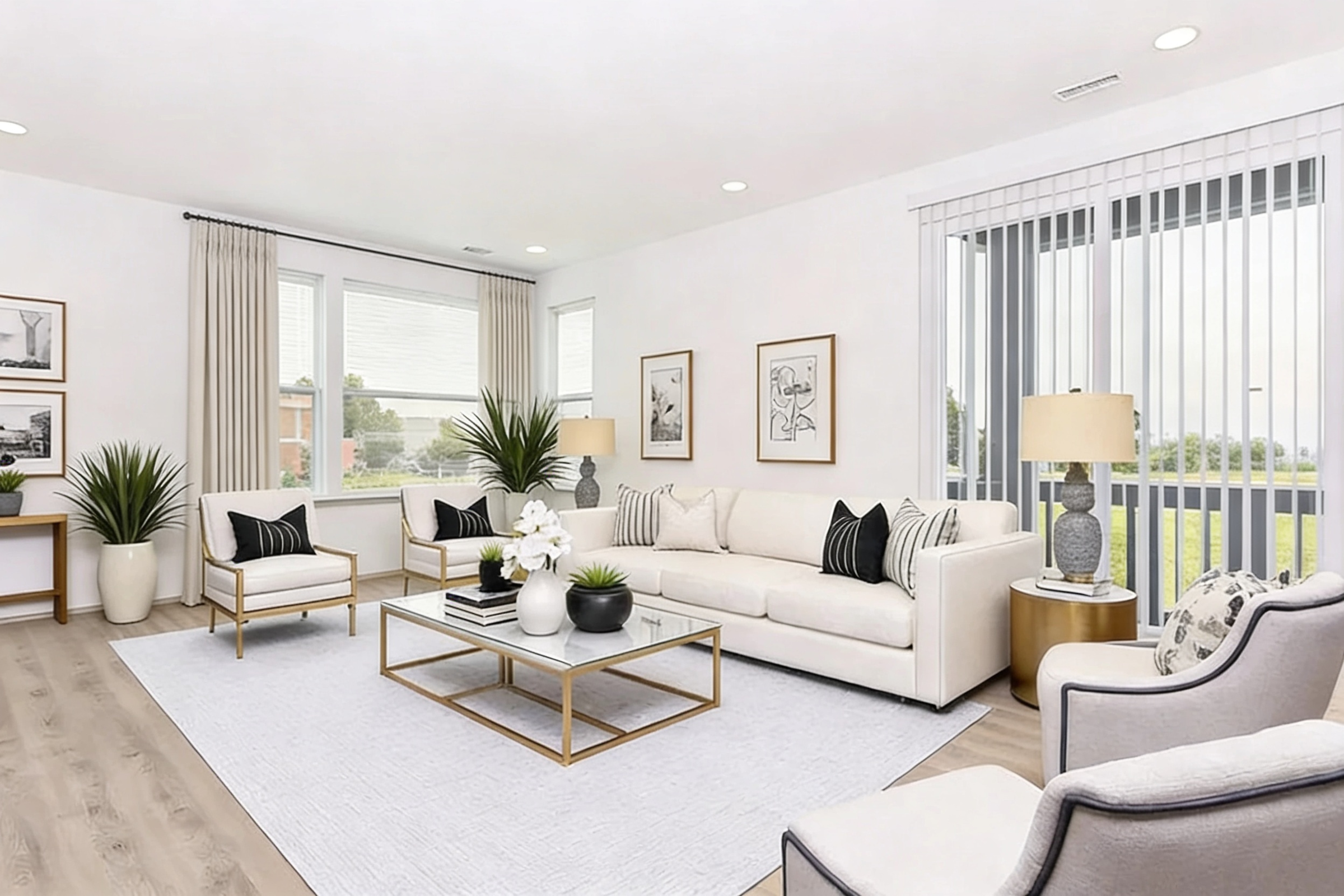 A modern living room featuring a light color palette. It includes a white sofa, two armchairs, and a coffee table with decorative items. Large windows provide natural light, and potted plants add greenery. The walls are adorned with framed artwork, enhancing the contemporary aesthetic.