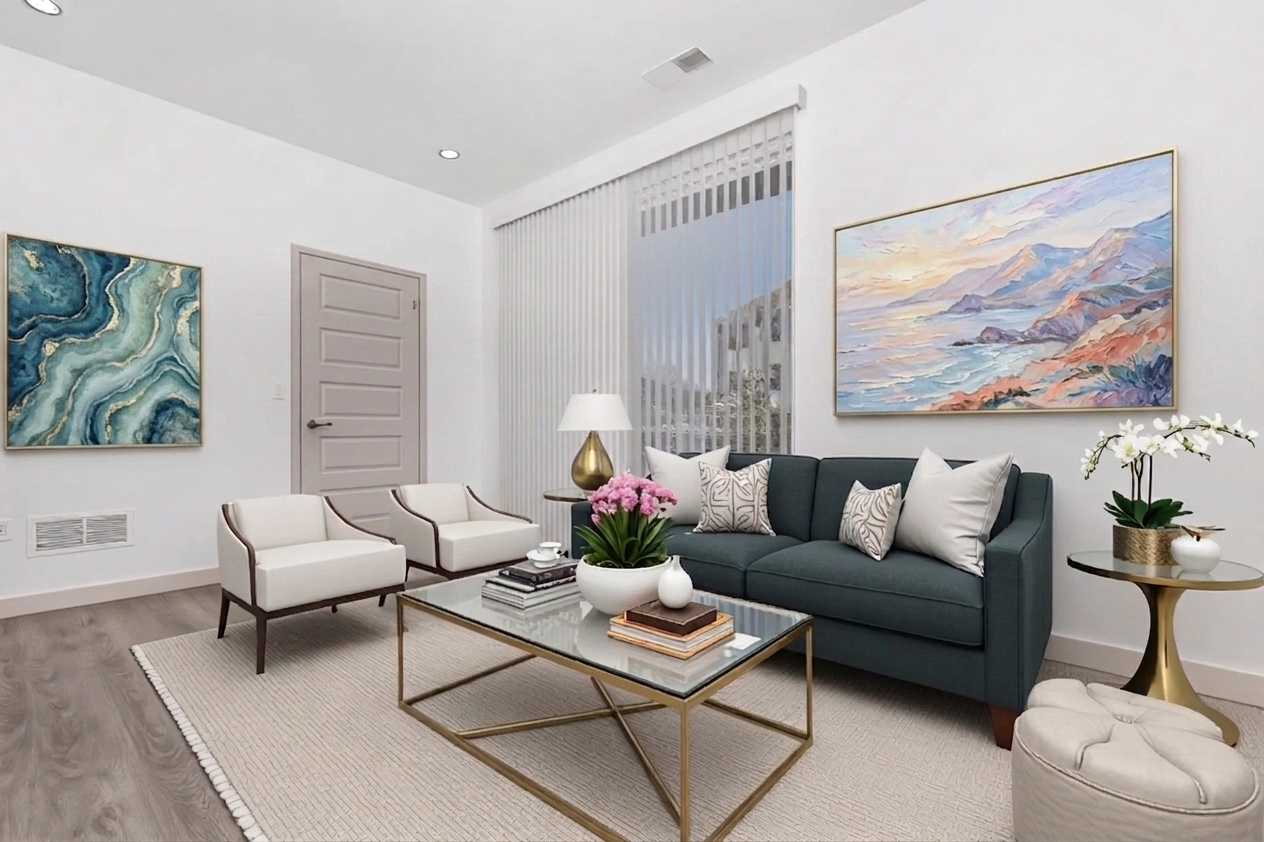 A modern living room featuring a teal sofa with decorative pillows, a glass coffee table with books and a plant arrangement, and two stylish armchairs. The walls are adorned with abstract artwork, and large windows allow natural light to flow in, creating an inviting atmosphere.