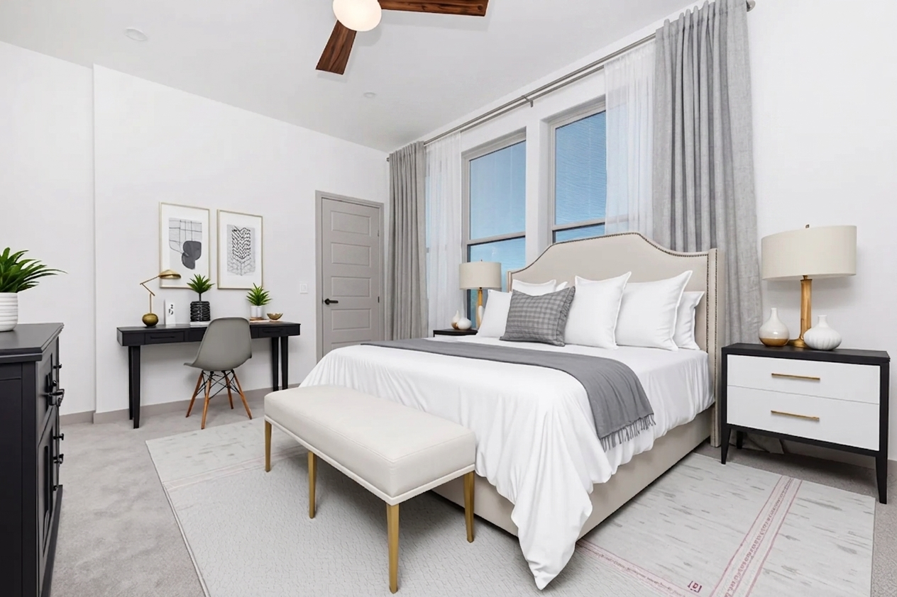 A modern bedroom featuring a large bed with white and gray bedding, two bedside lamps, and a stylish bench at the foot of the bed. The space includes a gray desk and chair, decorative plants, and framed artwork on the walls. Large windows allow natural light to brighten the room, which has neutral tones and carpeted flooring.