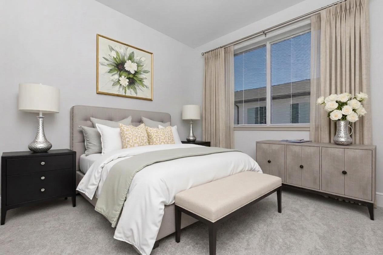 A modern bedroom featuring a light gray bed with decorative pillows, a beige bench at the foot, and elegant lamps on either side. The room has a window with sheer curtains, a stylish sideboard, and a framed floral artwork on the wall, creating a serene and inviting atmosphere.