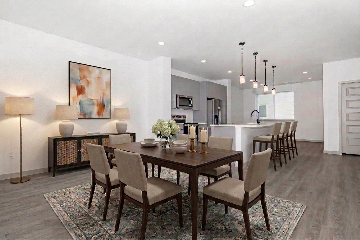 Modern dining area featuring a wooden table surrounded by beige chairs. A stylish rug lies beneath the table. A decorative sideboard with vases is against the wall. In the background, a kitchen area with a large island and pendant lights is visible, along with a bright window. Soft lighting enhances the inviting atmosphere.