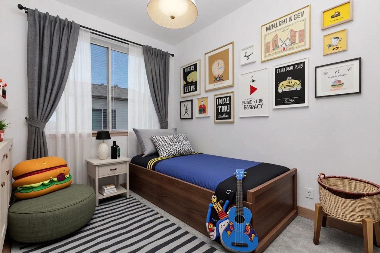 A cozy children's bedroom featuring a single bed with blue bedding, a wooden frame, and colorful wall art. The room includes a small nightstand, a green pouf, a woven basket, and a guitar. Natural light filters through curtains, enhancing the inviting ambiance.