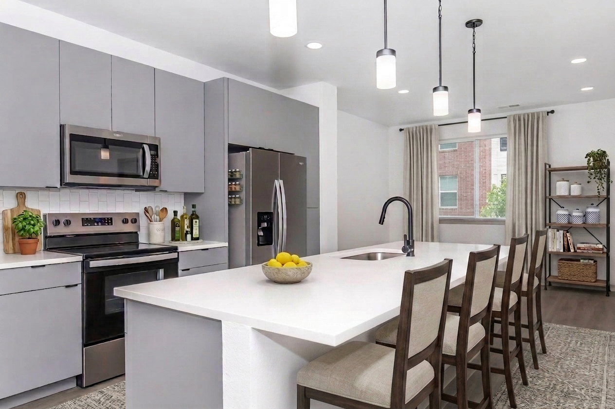 A modern kitchen featuring gray cabinetry and stainless steel appliances. The large island with a white countertop is surrounded by eight wooden chairs. A bowl of lemons sits on the island. Hanging pendant lights illuminate the space, which has a window with sheer curtains and a bookshelf in the background.