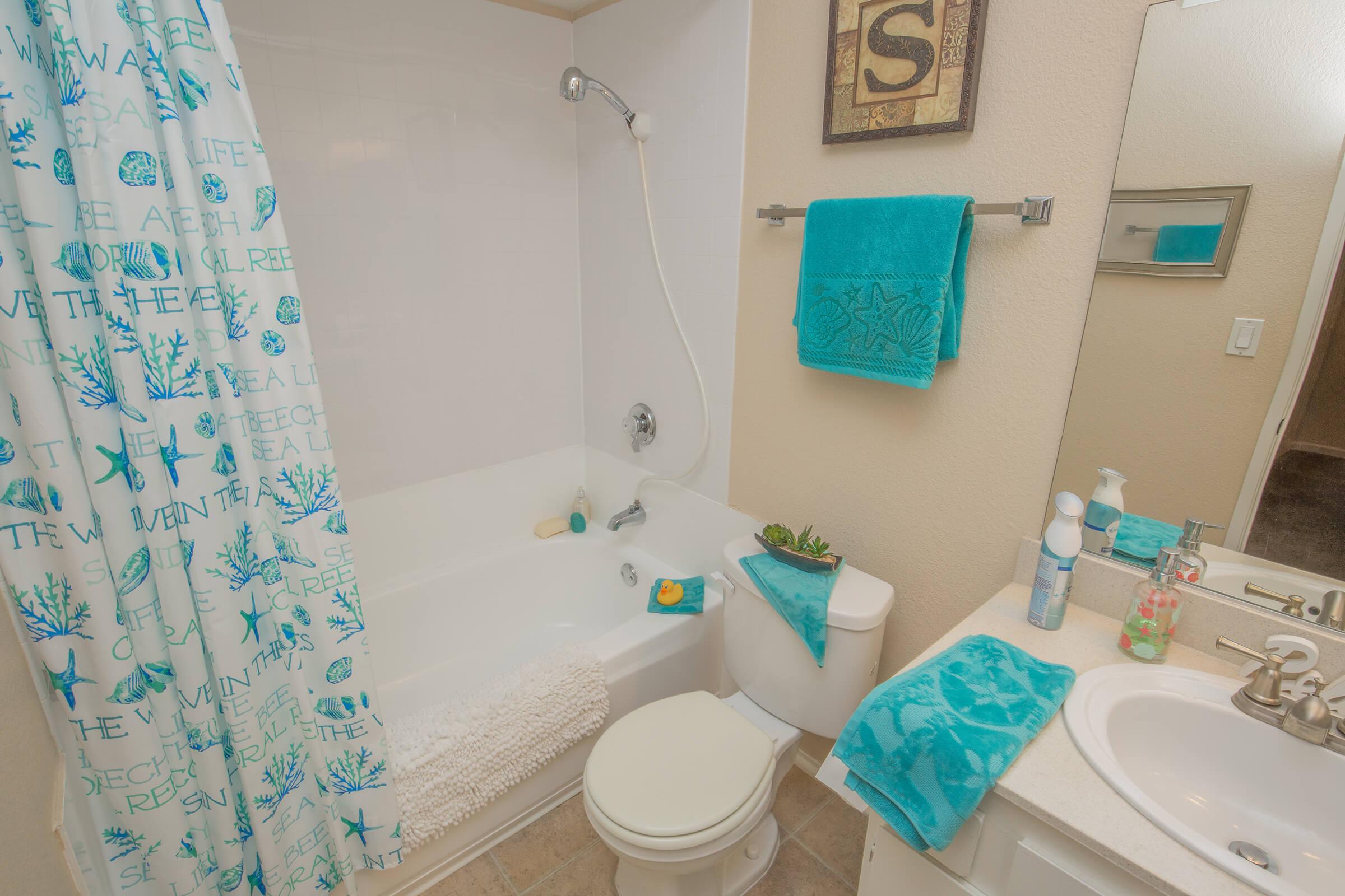 a blue and white shower curtain