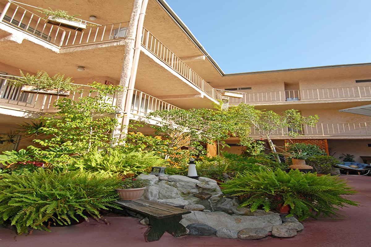 a garden in front of a building