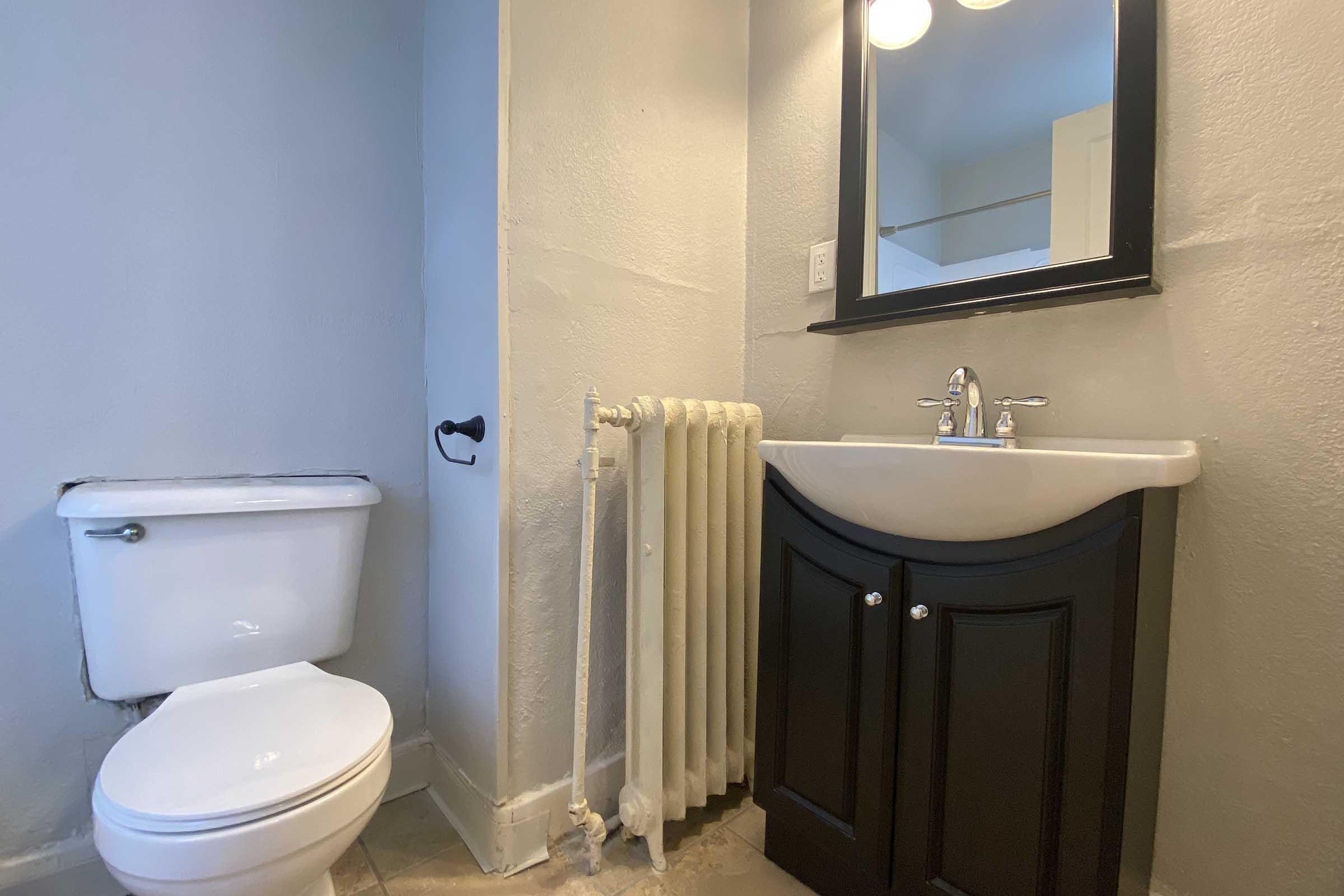 A small bathroom featuring a white toilet, a dark wood vanity with a sink and mirror above, and a vintage-style radiator on the wall. The walls are painted light gray, and the floor is tiled. The overall lighting is bright, creating a clean and functional space.
