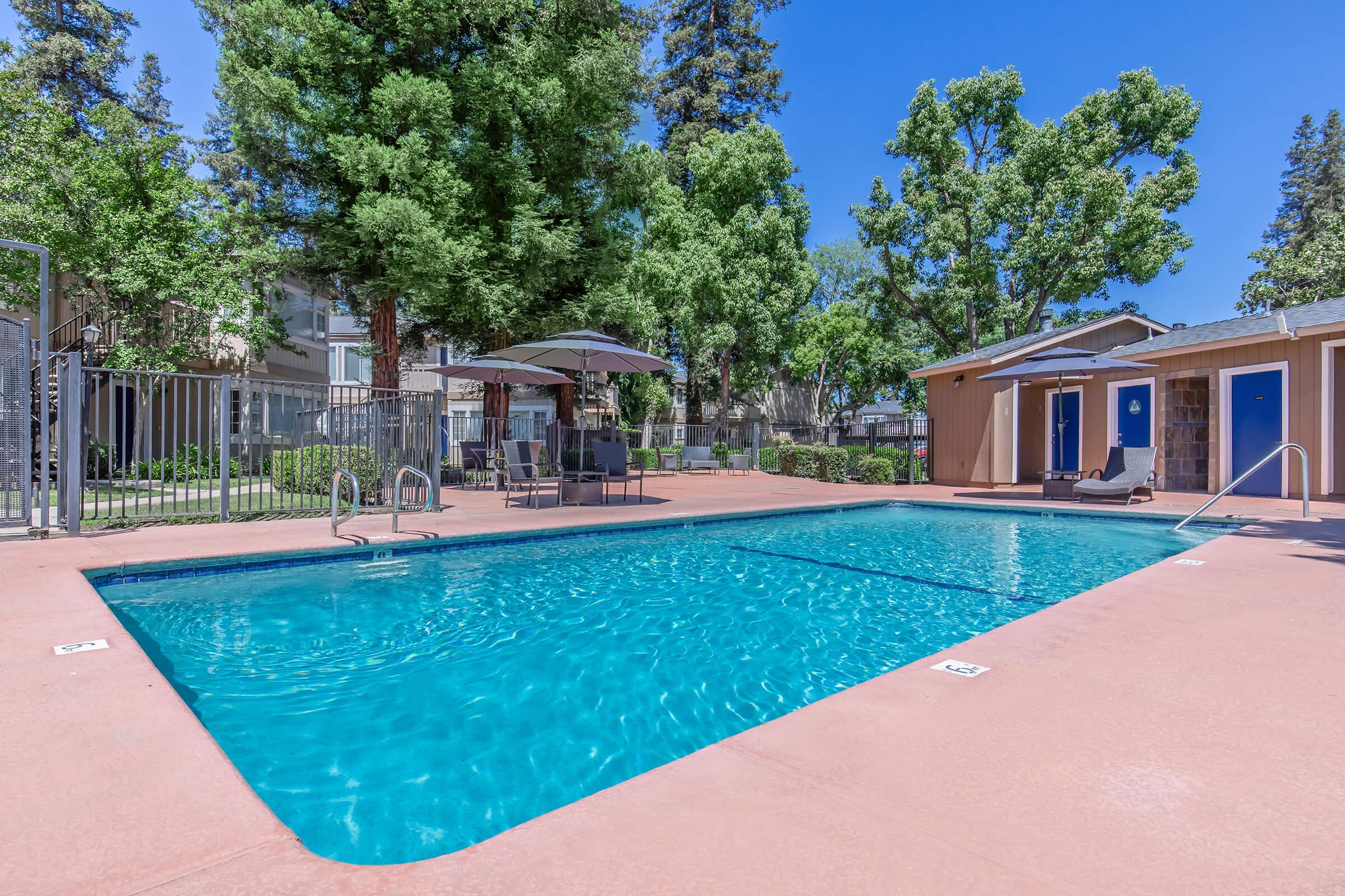 A clear blue swimming pool surrounded by lush trees and lounge chairs. There are two umbrellas providing shade near the poolside. Nearby, there are light-colored buildings with doors visible. The sky is bright blue, creating a sunny and inviting atmosphere.