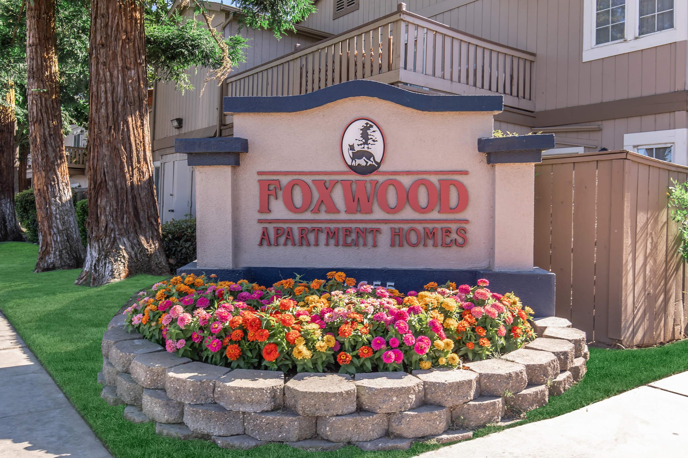 a close up of a flower garden in front of a building