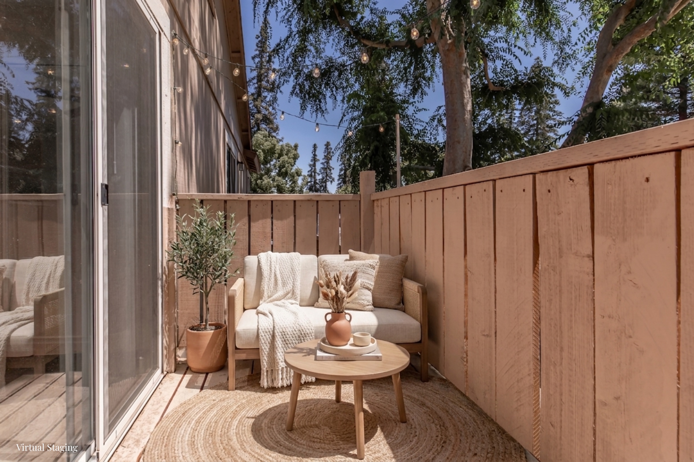 A cozy outdoor seating area featuring a light-colored sofa with plush cushions, a round wooden coffee table, and a decorative vase. Surrounding the space are wooden fences and greenery, with string lights overhead, creating a warm and inviting atmosphere.