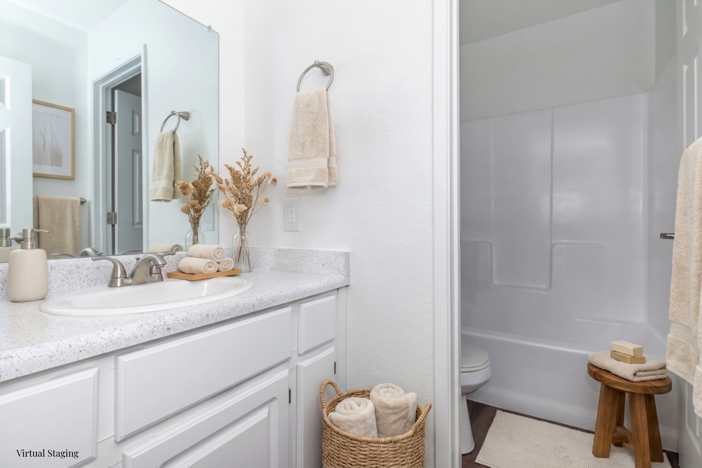 A bright and modern bathroom featuring a sink with a white countertop, neatly arranged towels, and decorative elements. A shower stall is visible to the right, with light neutral tones throughout. A small wooden stool and a woven basket with rolled towels add warmth to the space.
