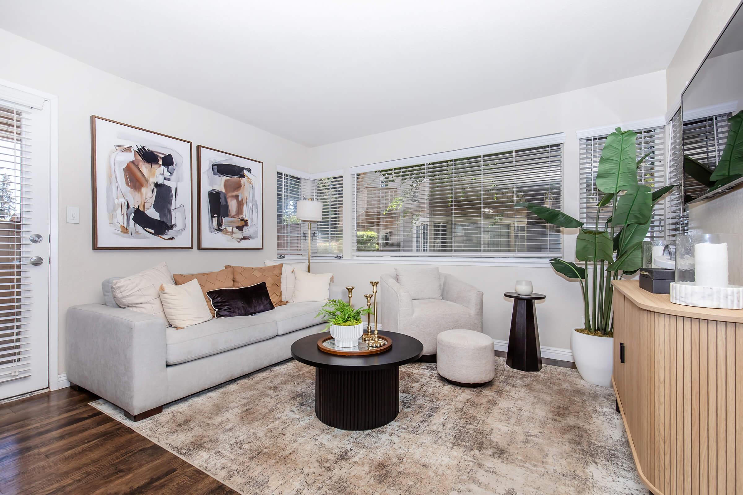 A cozy living room featuring a light grey sectional sofa with decorative pillows, a round black coffee table, and a small plant. There are framed abstract artworks on the wall, large windows with blinds allowing natural light in, and a tall green plant in the corner, enhancing the room's modern aesthetic.