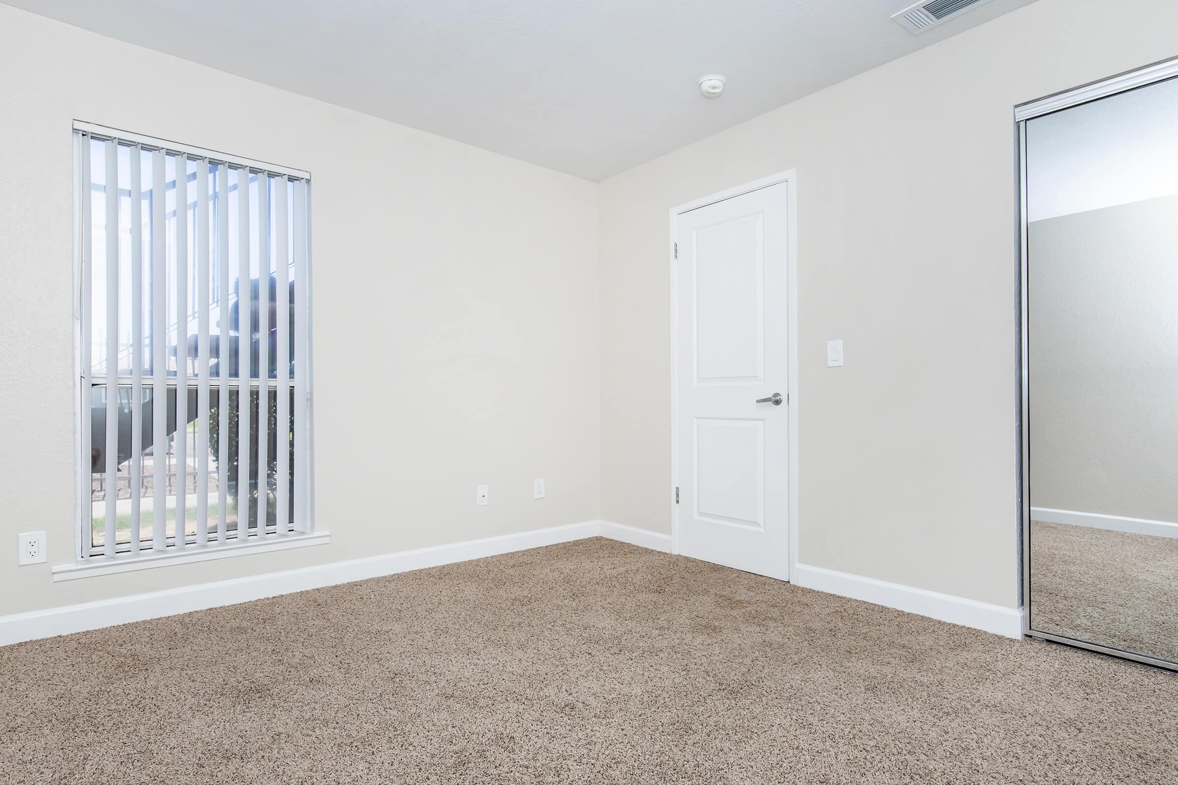 A simple, empty room with beige carpet and light-colored walls. One wall features vertical blinds over a window, allowing natural light to enter. A mirrored closet door reflects part of the room. The space has a door leading to another area, creating a clean and minimalistic atmosphere.