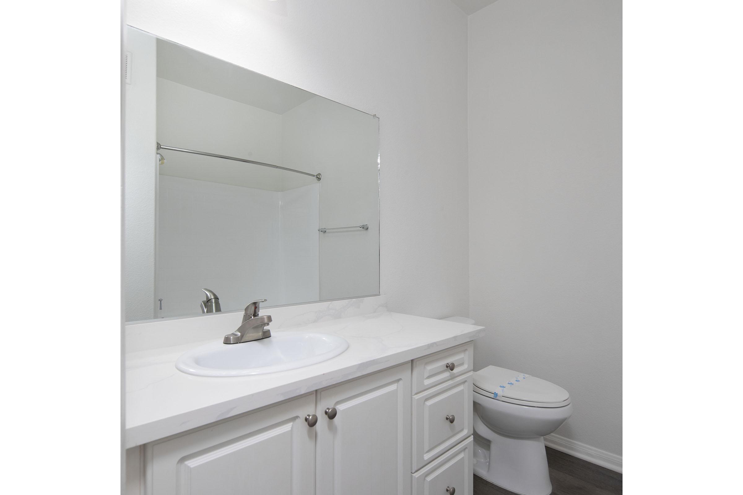 A clean, modern bathroom featuring a white vanity with a marble countertop, a sink with a contemporary faucet, a large mirror above the sink, and a white toilet. The walls are painted in a light color, and there is a towel bar visible next to the shower area.