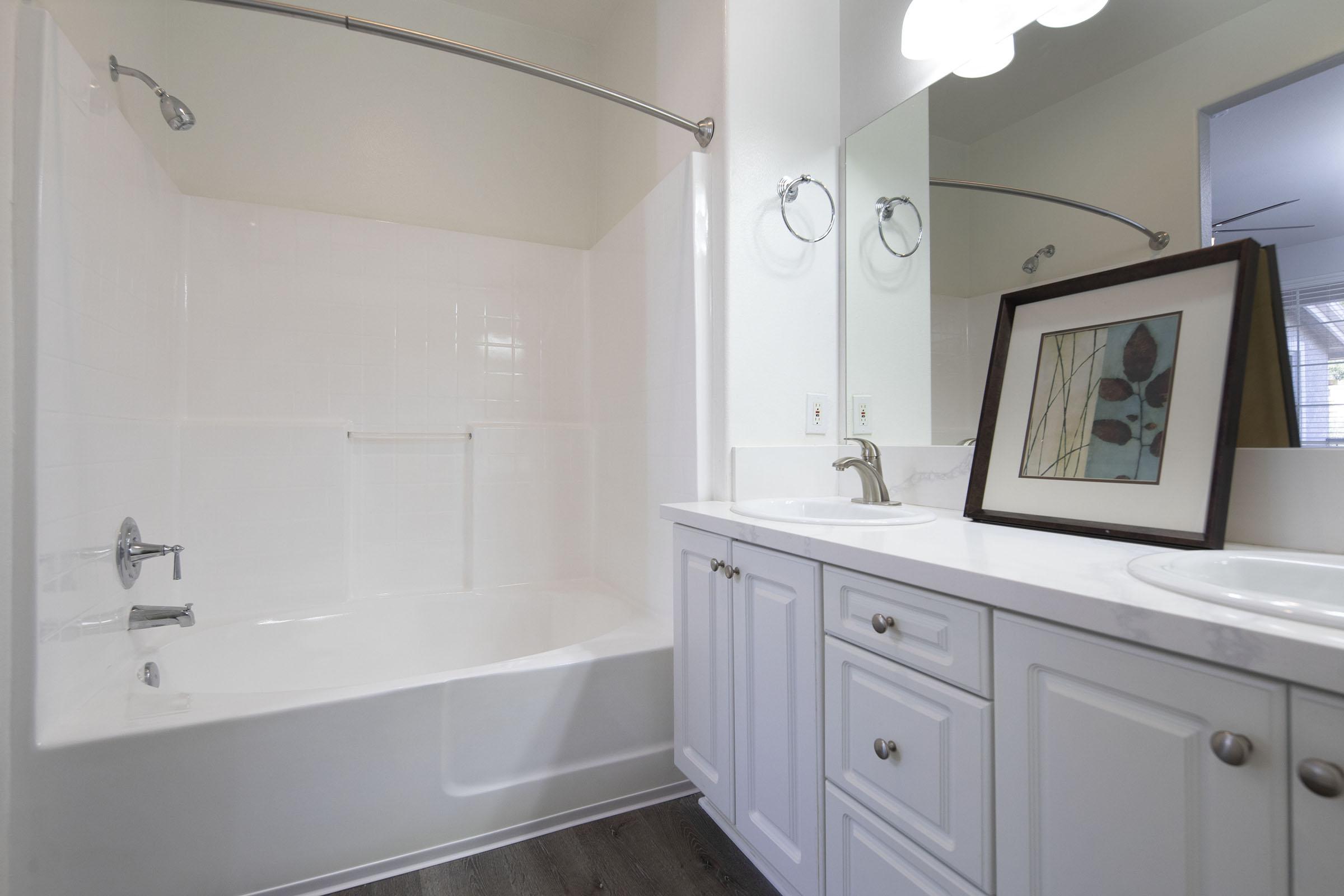 A modern bathroom featuring a white tub and shower combo, with a light-colored vanity that has dual sinks. A framed artwork with a nature theme is positioned on the countertop. Bright lighting from overhead fixtures enhances the clean, airy atmosphere, while the flooring is a dark wood.