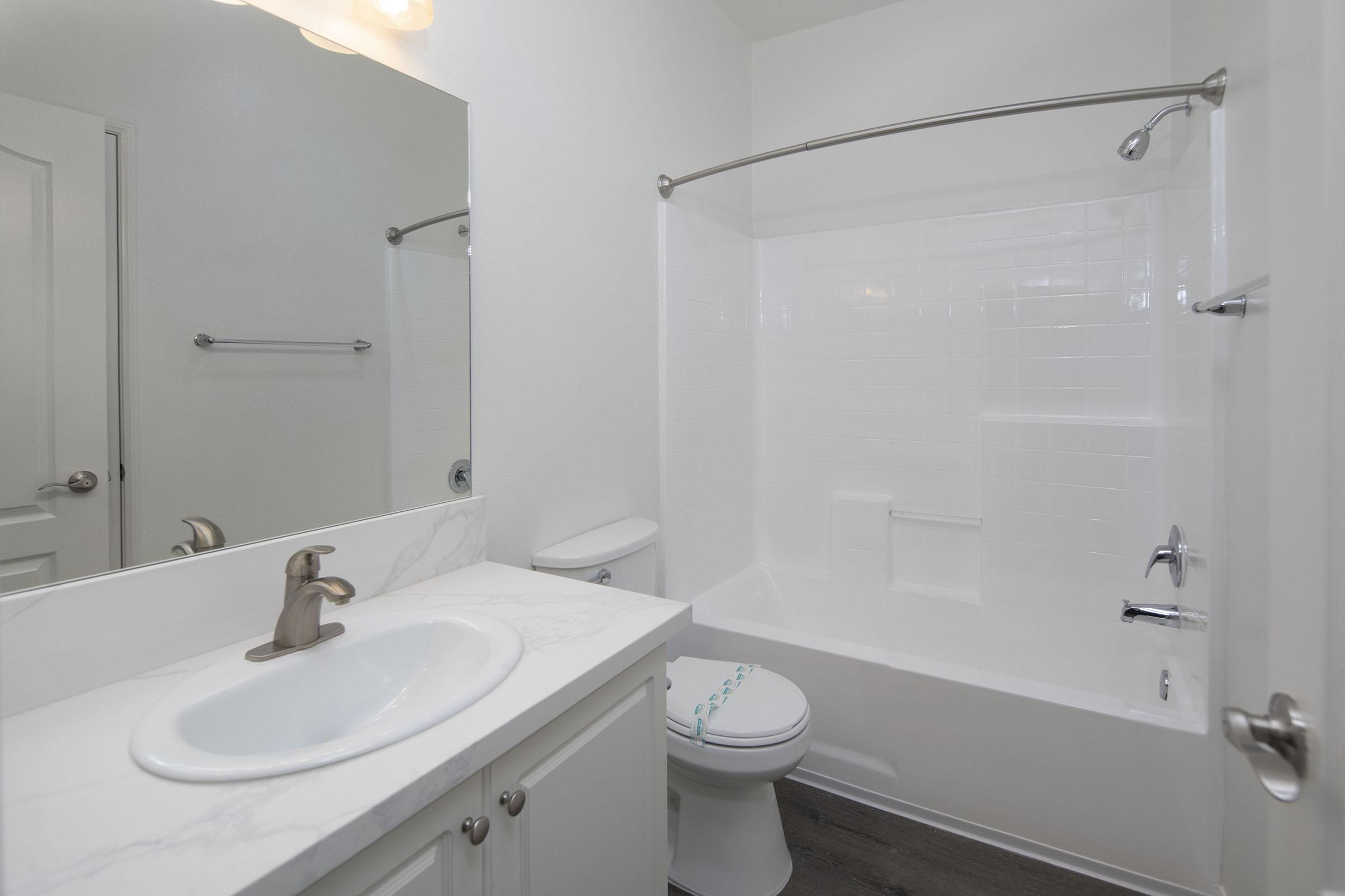 A clean, modern bathroom featuring a white bathtub with a shower, a toilet, and a single-sink vanity with a marble countertop. The walls are painted in a light color, and there is a large mirror above the sink reflecting the bright, well-lit space.