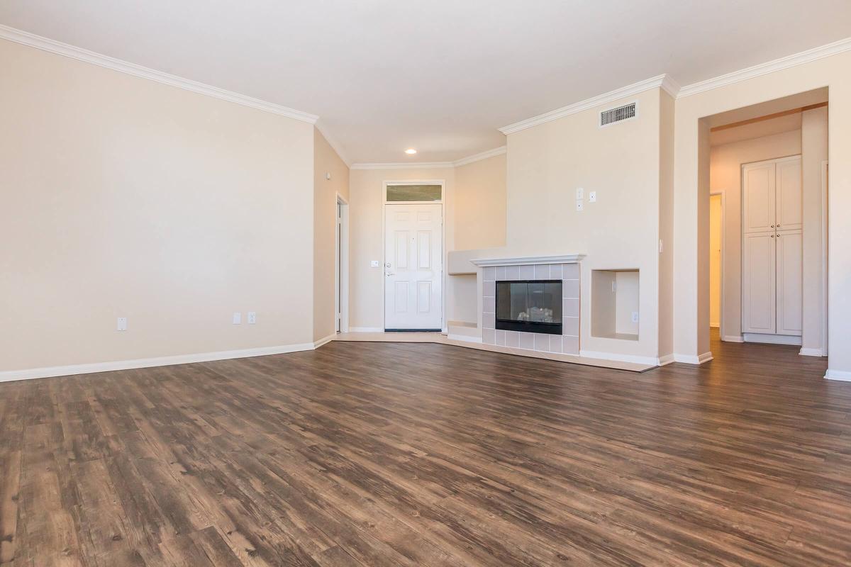 View of a spacious living room with light-colored walls and wooden flooring. A modern fireplace is situated against one wall, and a door leads outside. Two doorways on the right lead to separate areas, enhancing the open feel of the space. Natural light brightens the room, creating a warm and inviting atmosphere.