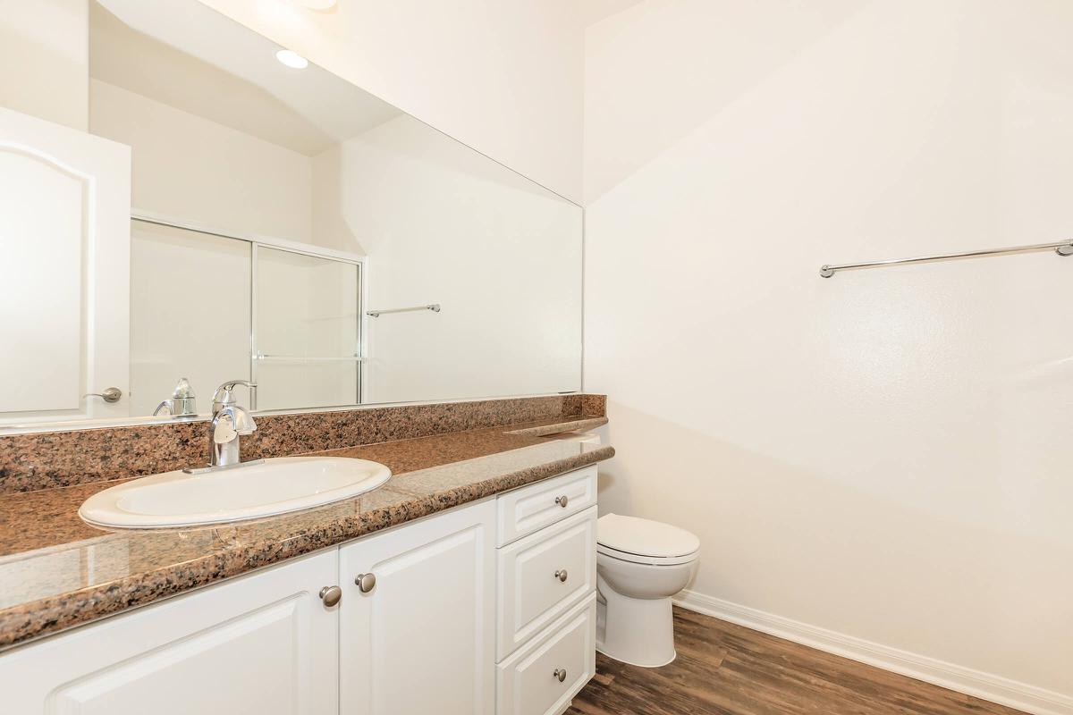 A clean and spacious bathroom featuring a white sink with a stone countertop, a large wall mirror, a glass shower enclosure, and a modern toilet. The walls are painted in a light color, and the floor has a wood-like finish, creating a bright and airy atmosphere.