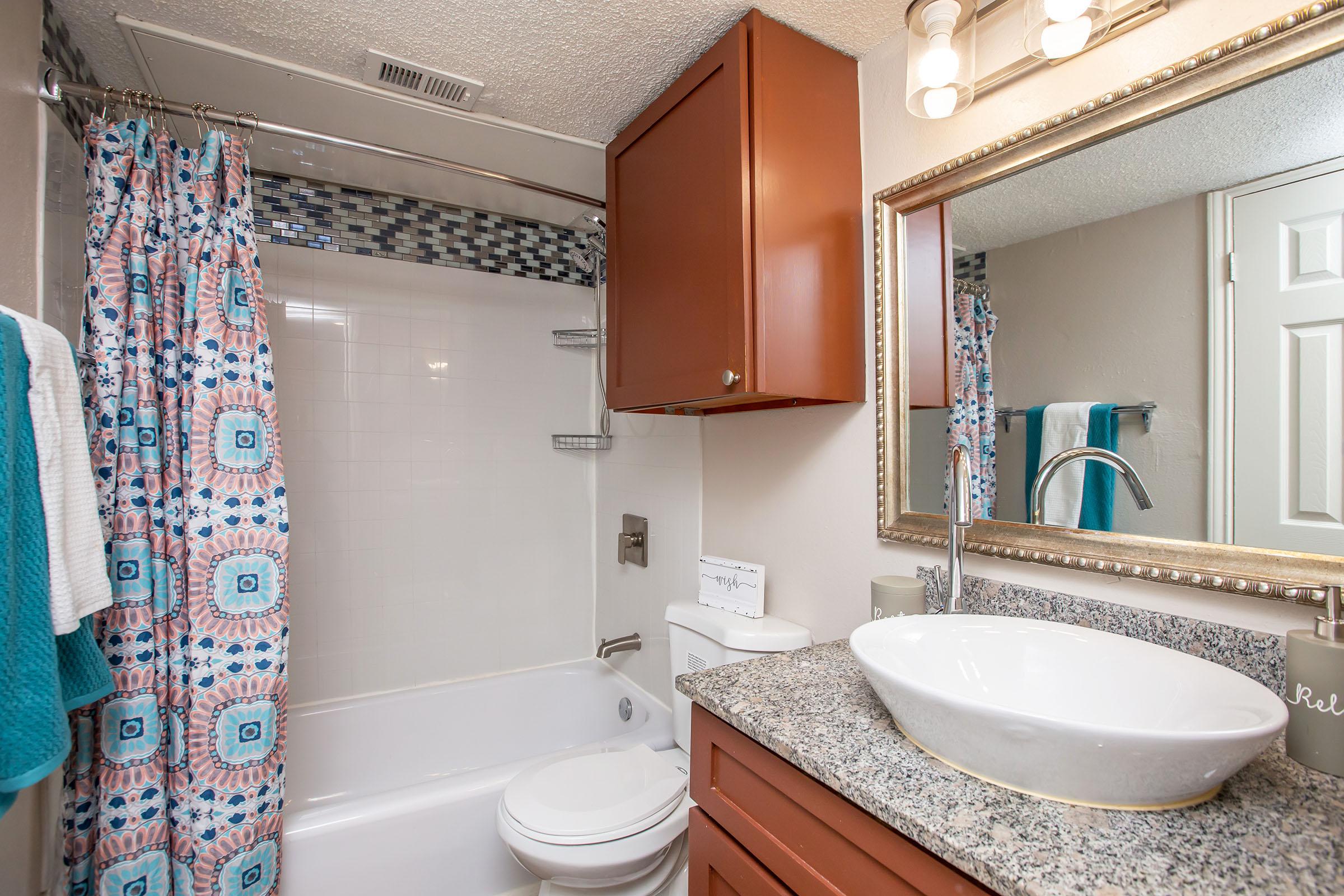 a shower that has a sink and a mirror