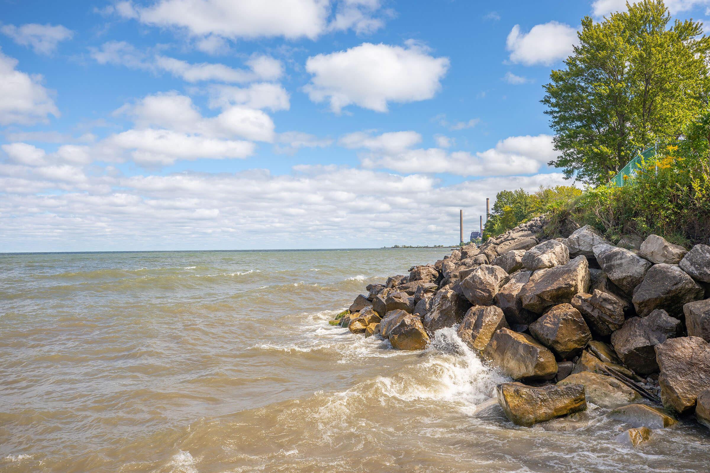 a close up of a rock next to a body of water