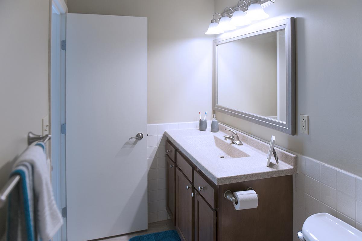 a white sink sitting under a mirror