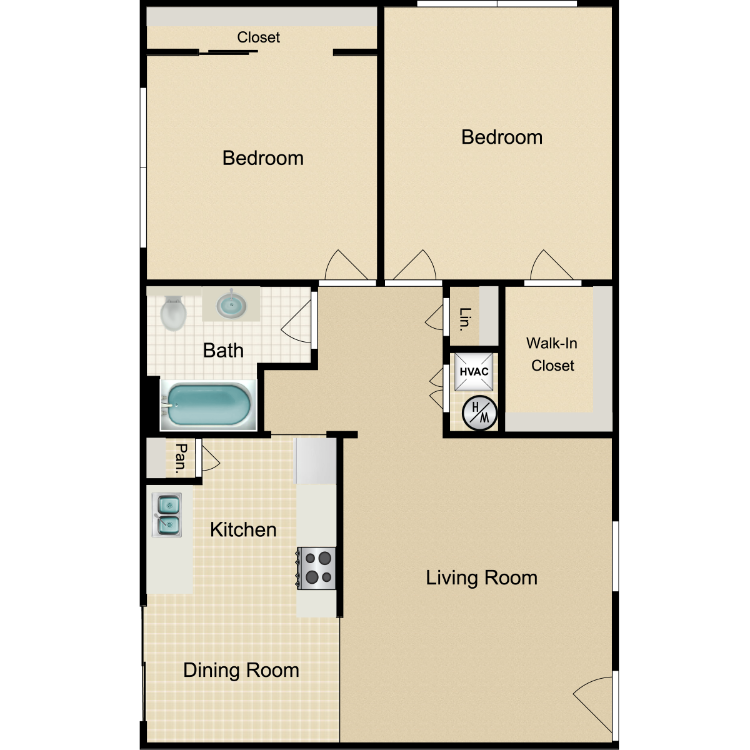 Plan 3, a 2 bedroom 1 bathroom floor plan.