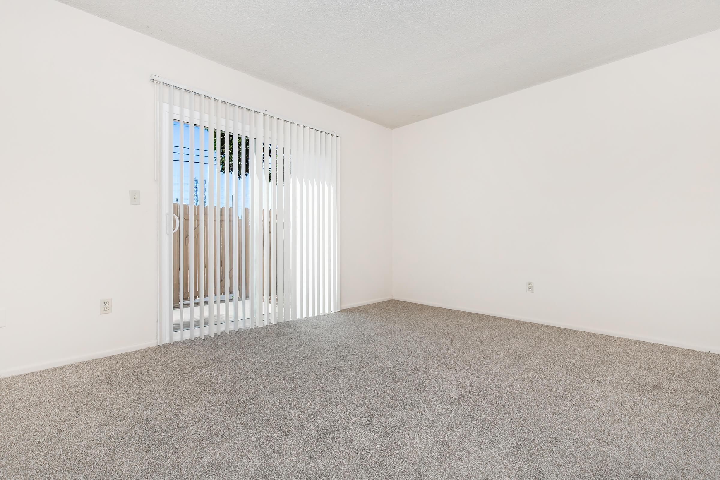 A spacious, empty room featuring light gray carpet and white walls. There are vertical blinds covering a sliding glass door that leads to an outdoor area, creating a bright atmosphere. The room has no furniture, emphasizing its openness and potential for various layouts.