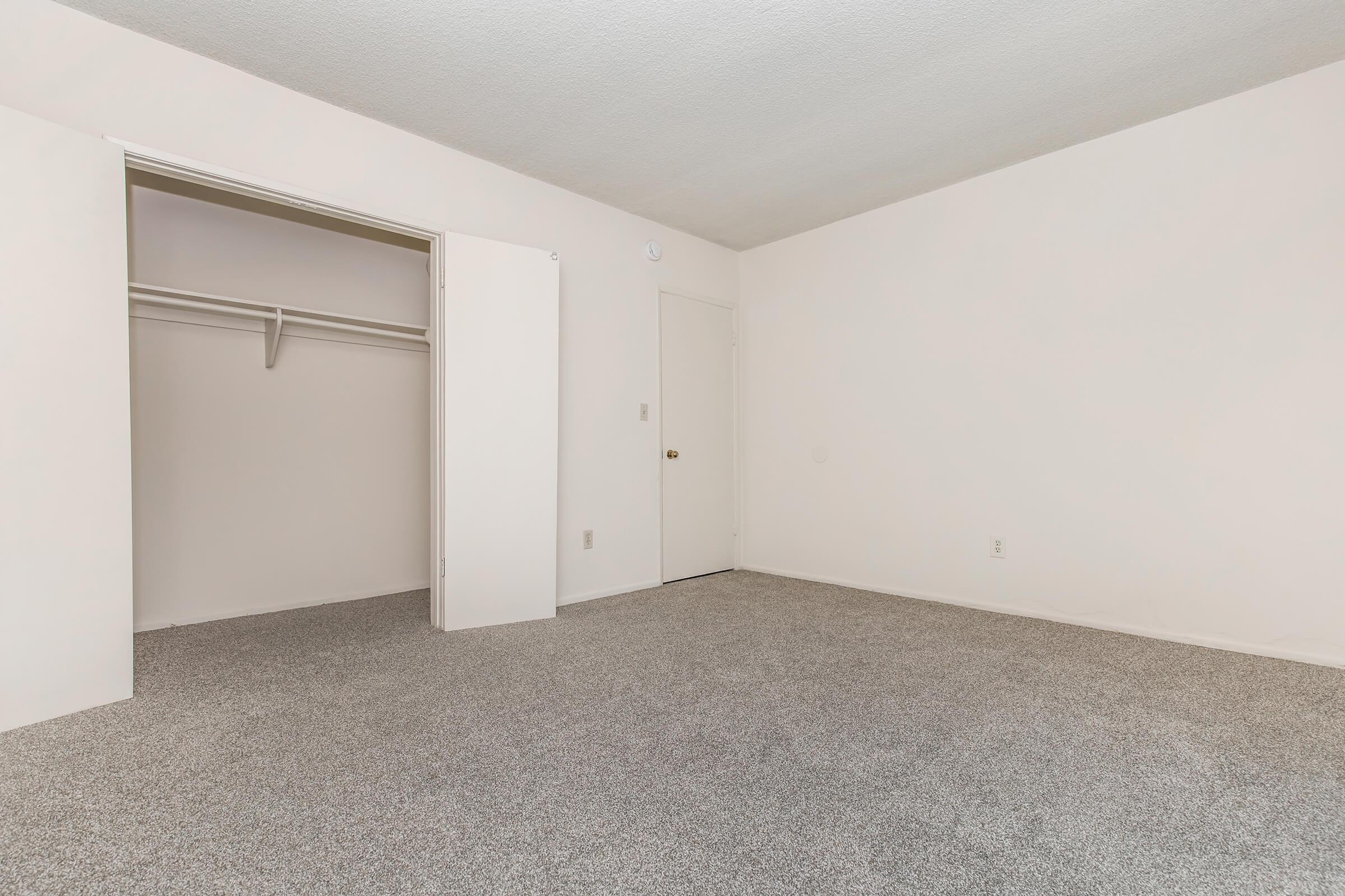 Empty room with light-colored walls and carpeted flooring. There's a closet with sliding doors on the left and a closed door on the right. The space is well-lit and uncluttered, offering a minimalist appearance suitable for various purposes or decor styles.