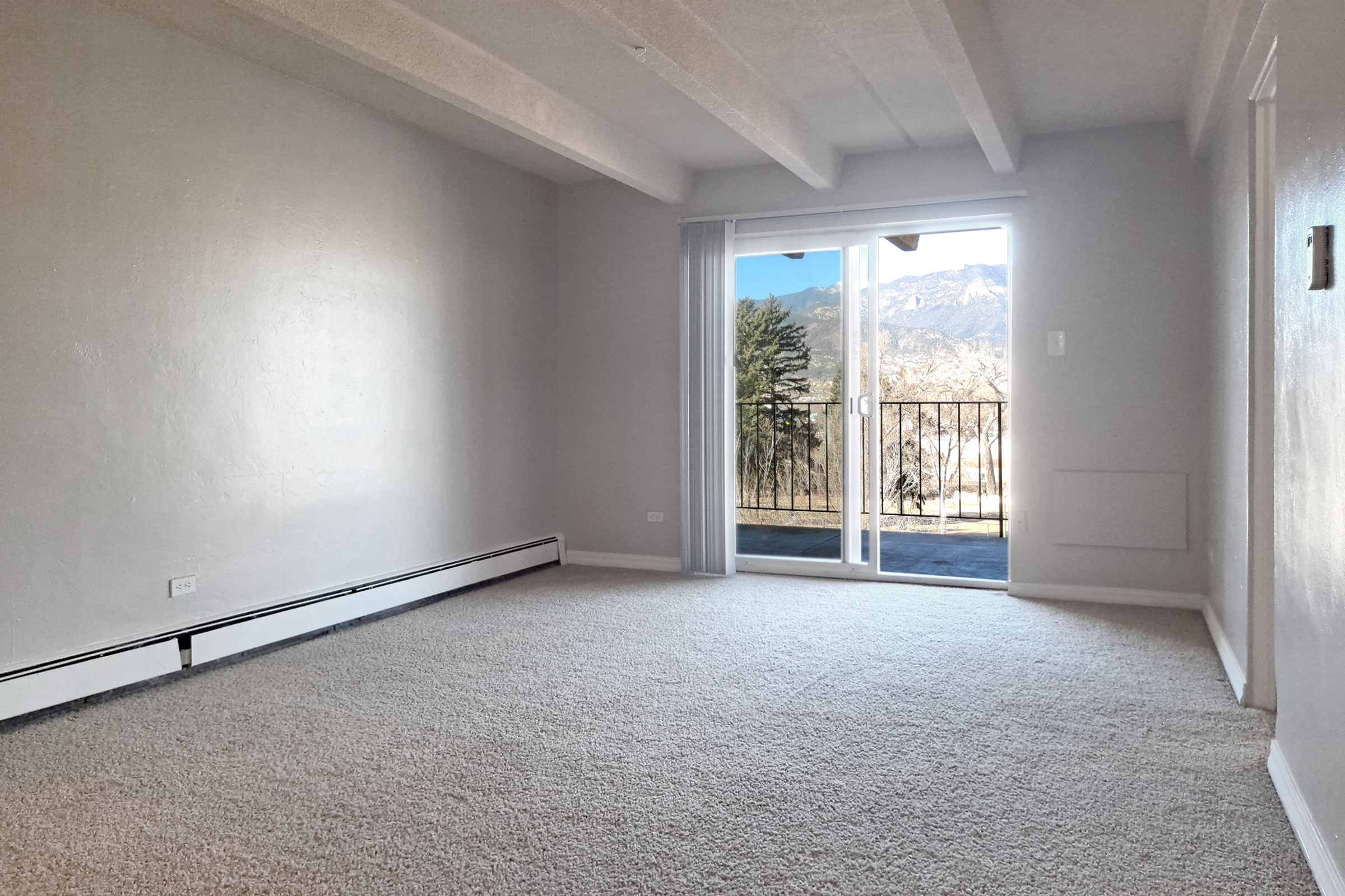 A spacious, empty room with light gray walls and carpet, featuring large sliding glass doors that open to a balcony with a mountain view. The ceiling has exposed beams, and there is a white wall-mounted heater. Natural light fills the space, creating a bright and airy atmosphere.