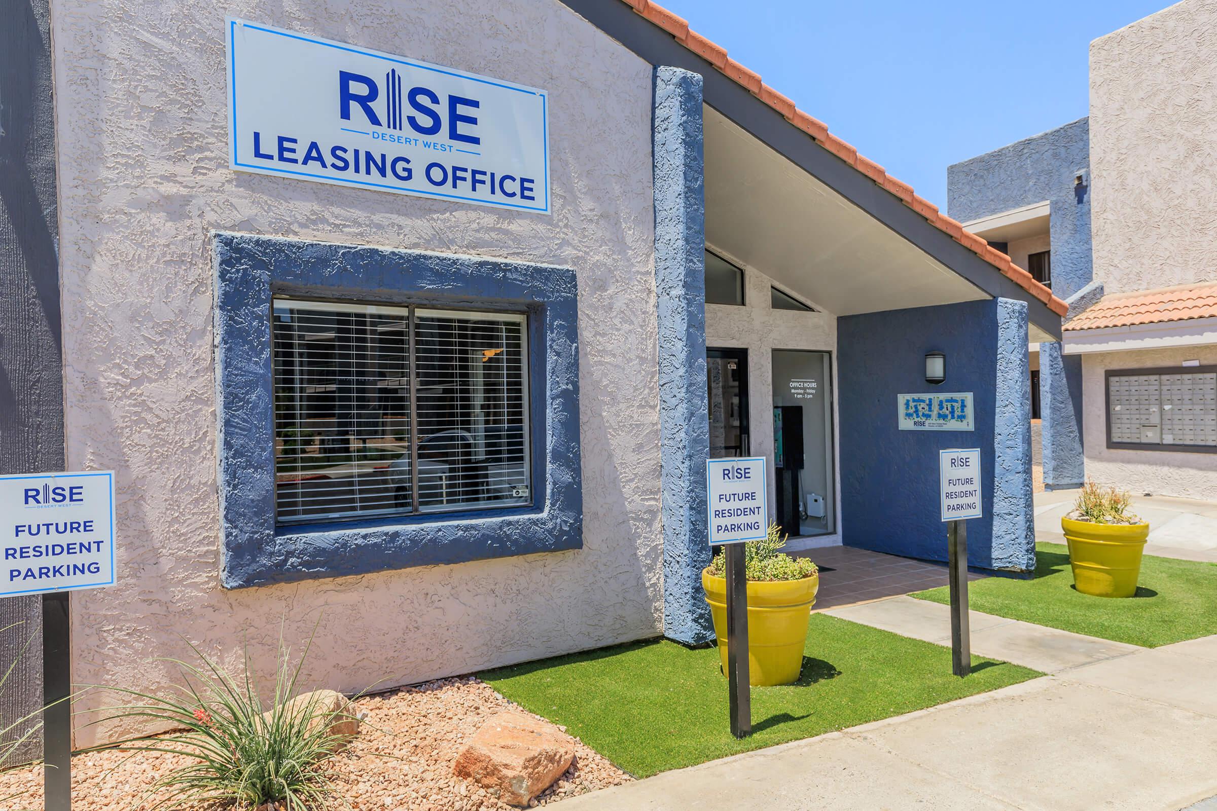 Outside the Rise Desert West Phoenix apartments front leasing office