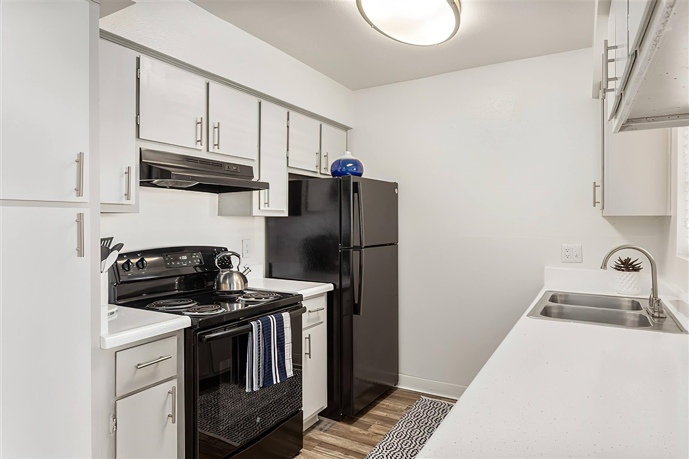 Bright kitchen space with white cabinets, black appliances, and silver finishes