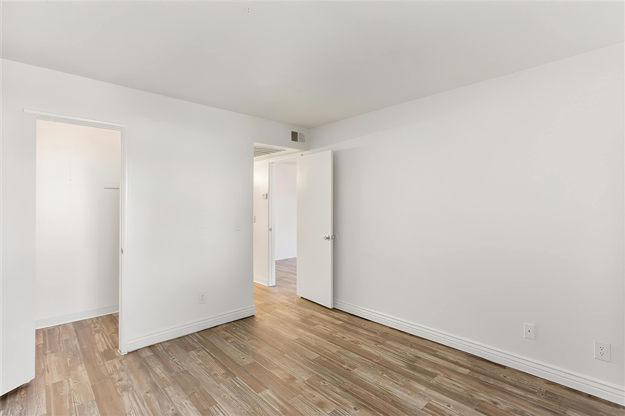 Spacious bedroom with a walk in closet and plank flooring