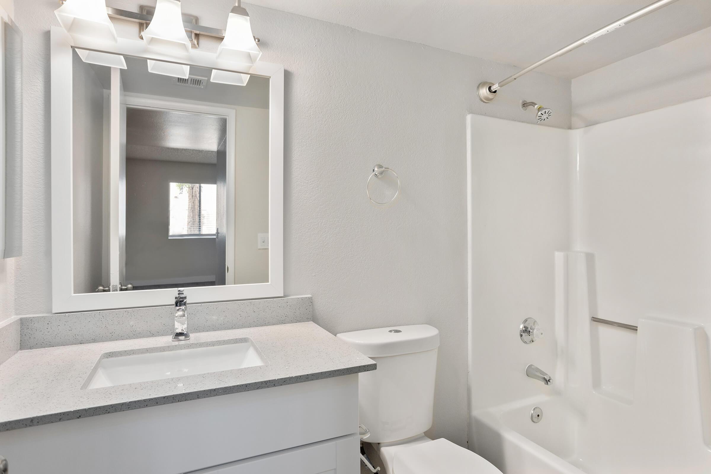Fresh modern bathroom with mirrored sink vanity, a toilet, and a tub shower