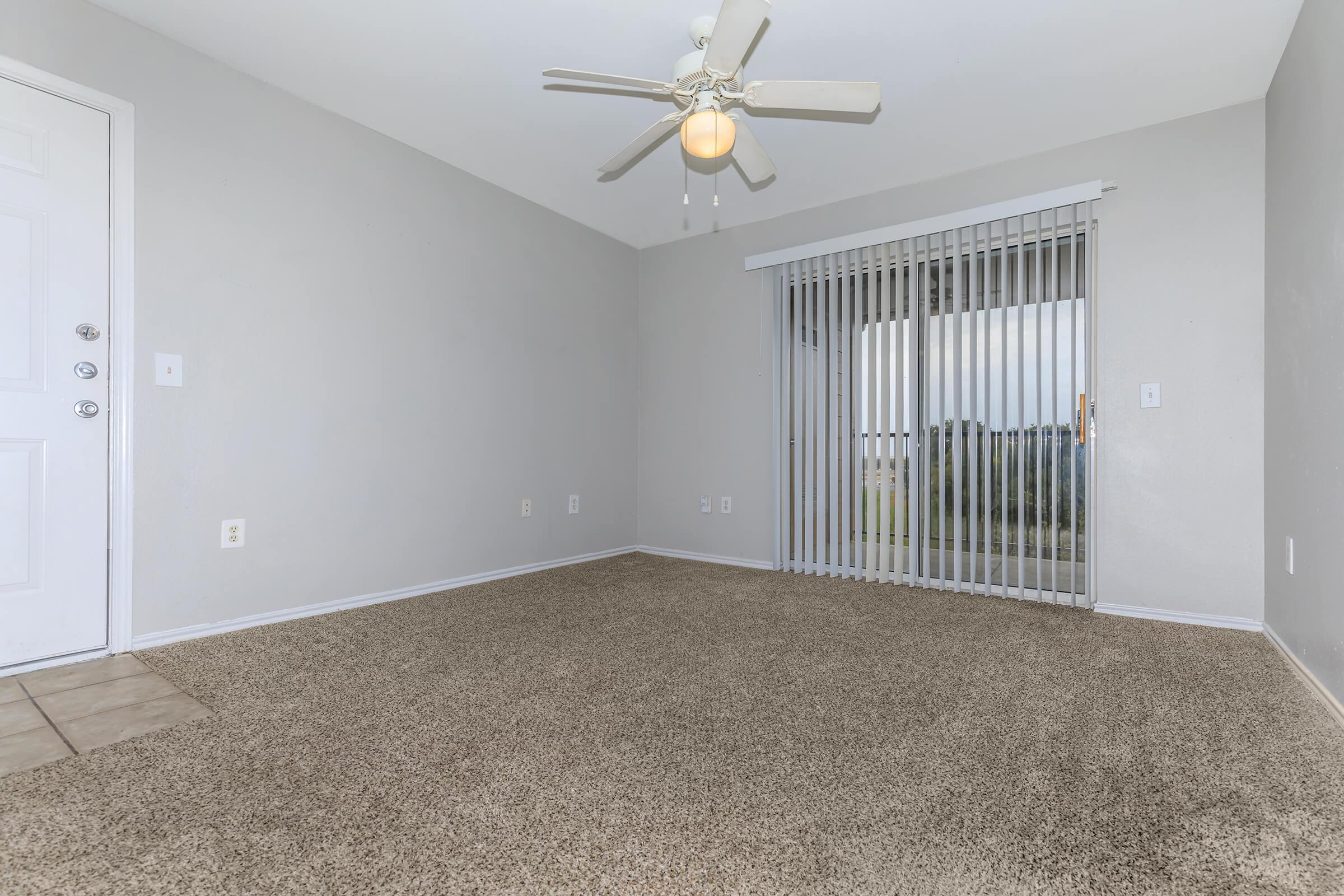 PLUSH CARPETING, VERTICAL BLINDS, AND CEILING FANS